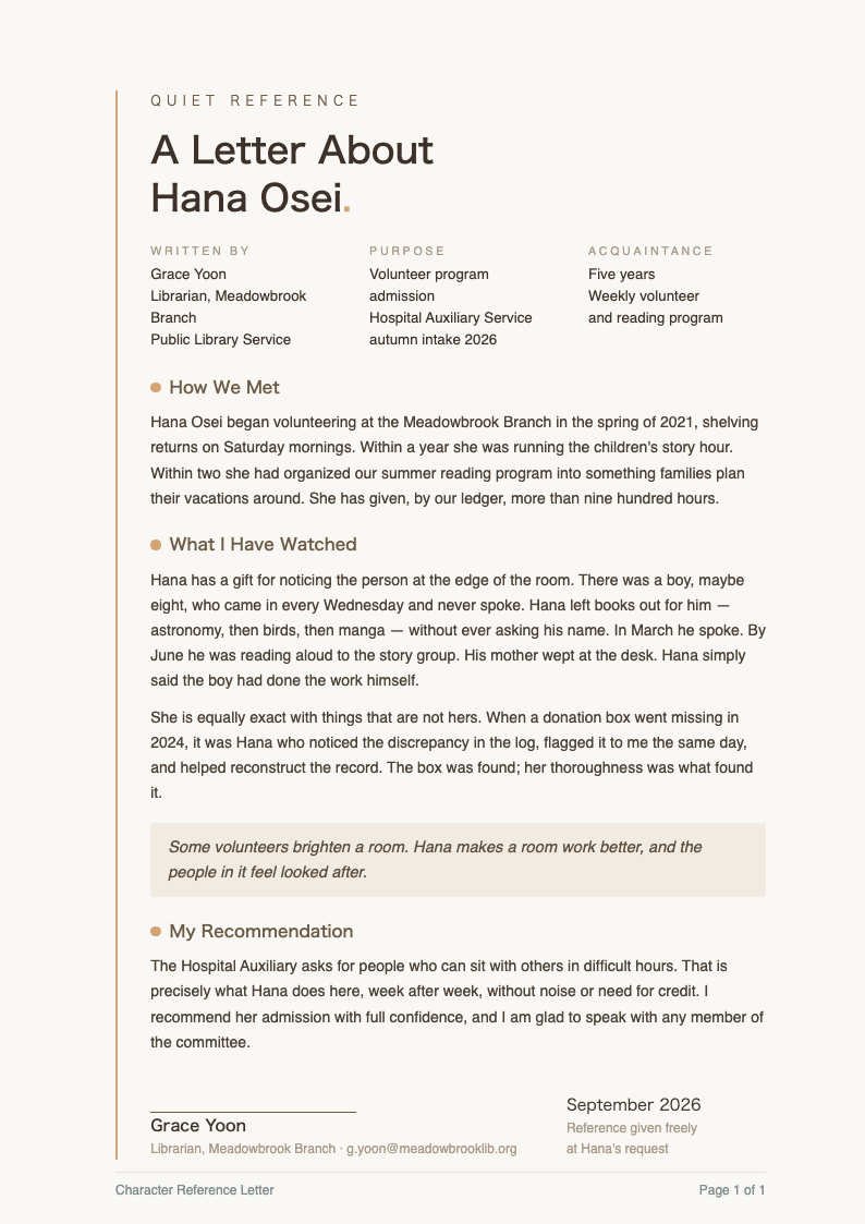 Japandi minimalist character reference letter